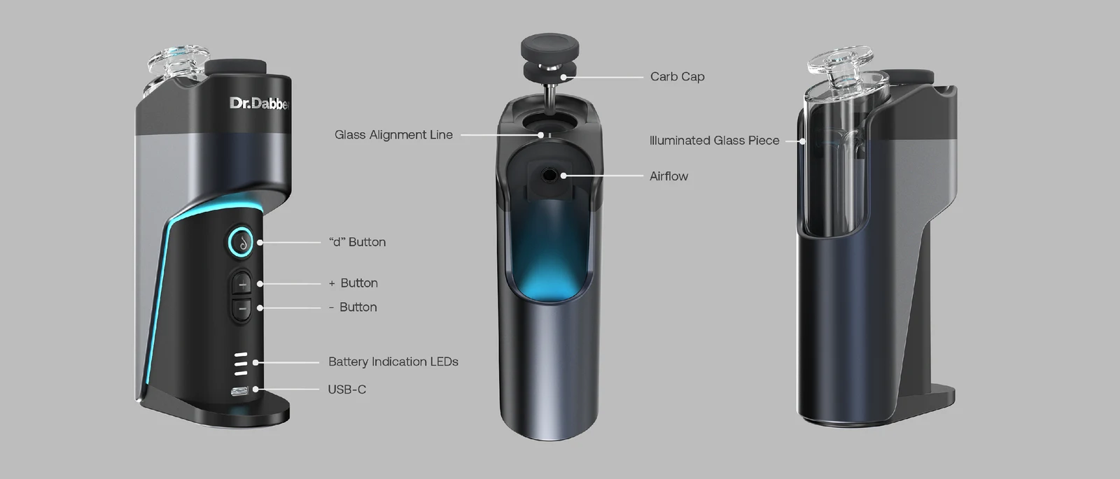 แผนผังส่วนประกอบอย่างเป็นทางการ Dr. Dabber Switch Go: carb cap, glass alignment line, airflow, ปุ่ม d/+/-, battery LED, USB-C