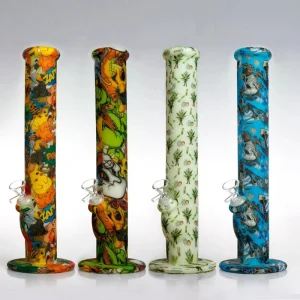 บ้องซิลิโคน+แก้ว ลายพิมพ์ เรืองแสง สูง 14 นิ้ว — Silicone Glow Bong (คละลาย)